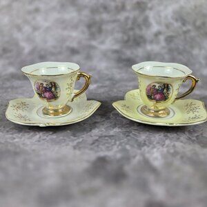 VTG Pair of Demitasse Cups & Saucers Man & Woman in Garden Gold Trim Japan